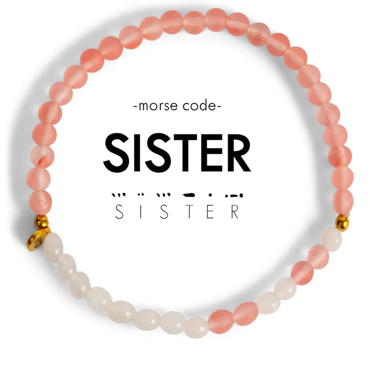 Morse Code Bracelet | SISTER pink quartz and cloudy glass