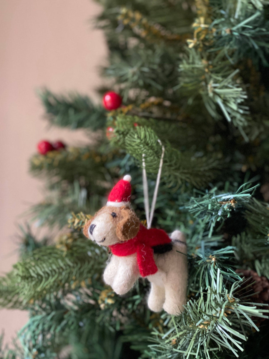 Felt Jack Russell Dog with Christmas Hat Ornament