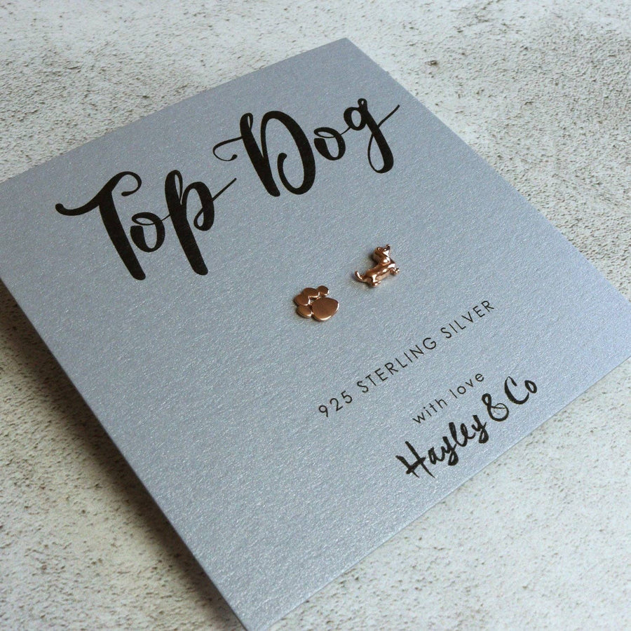 Sausage Dog and Paw Print Rose Gold or Silver Earrings