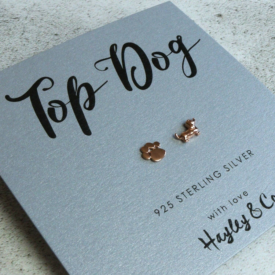 Sausage Dog and Paw Print Rose Gold or Silver Earrings
