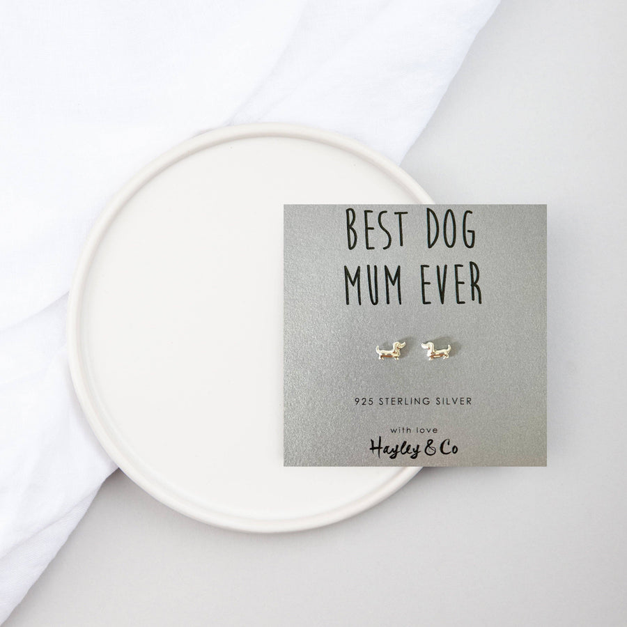 Sausage Dog 'Best Dog Mum' Sterling Silver Earrings