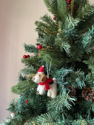 Felt Jack Russell Dog with Christmas Hat Ornament