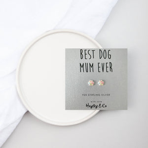 Sparkly 'Best Dog Mum' Paw Print Sterling Silver Stud Earrings