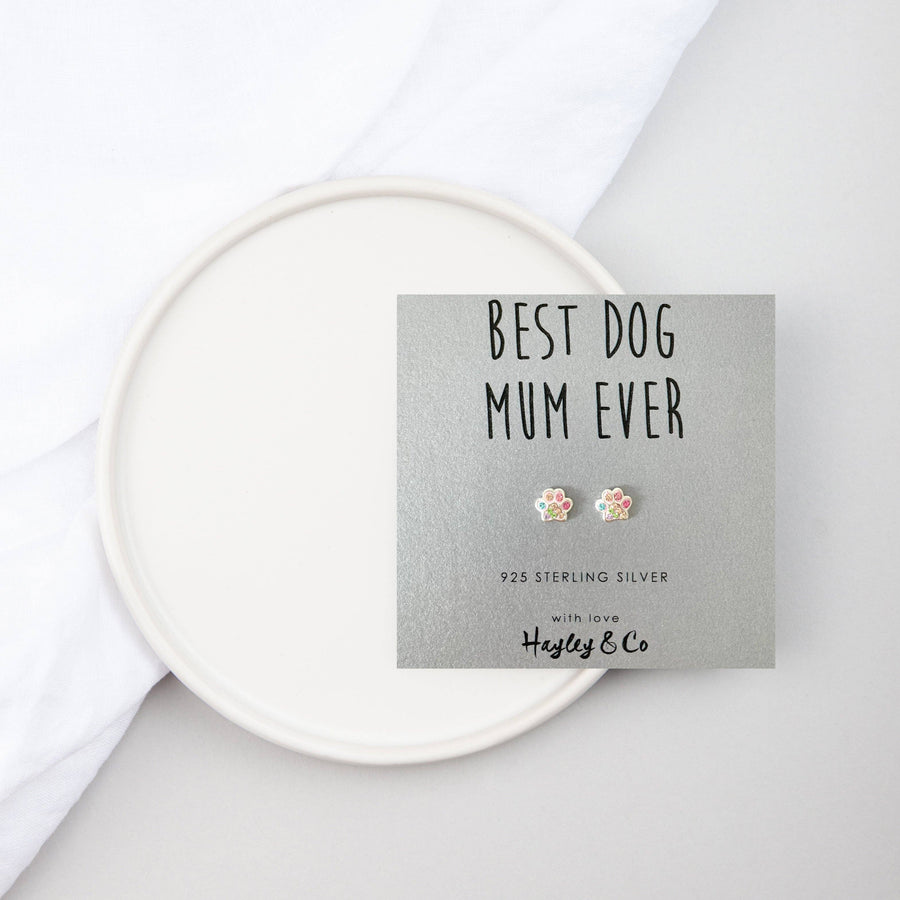 Sparkly 'Best Dog Mum' Paw Print Sterling Silver Stud Earrings