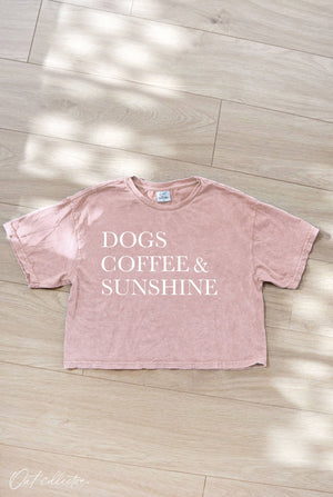 DOGS COFFEE AND SUNSHINE Cropped Mineral Washed Graphic Top
