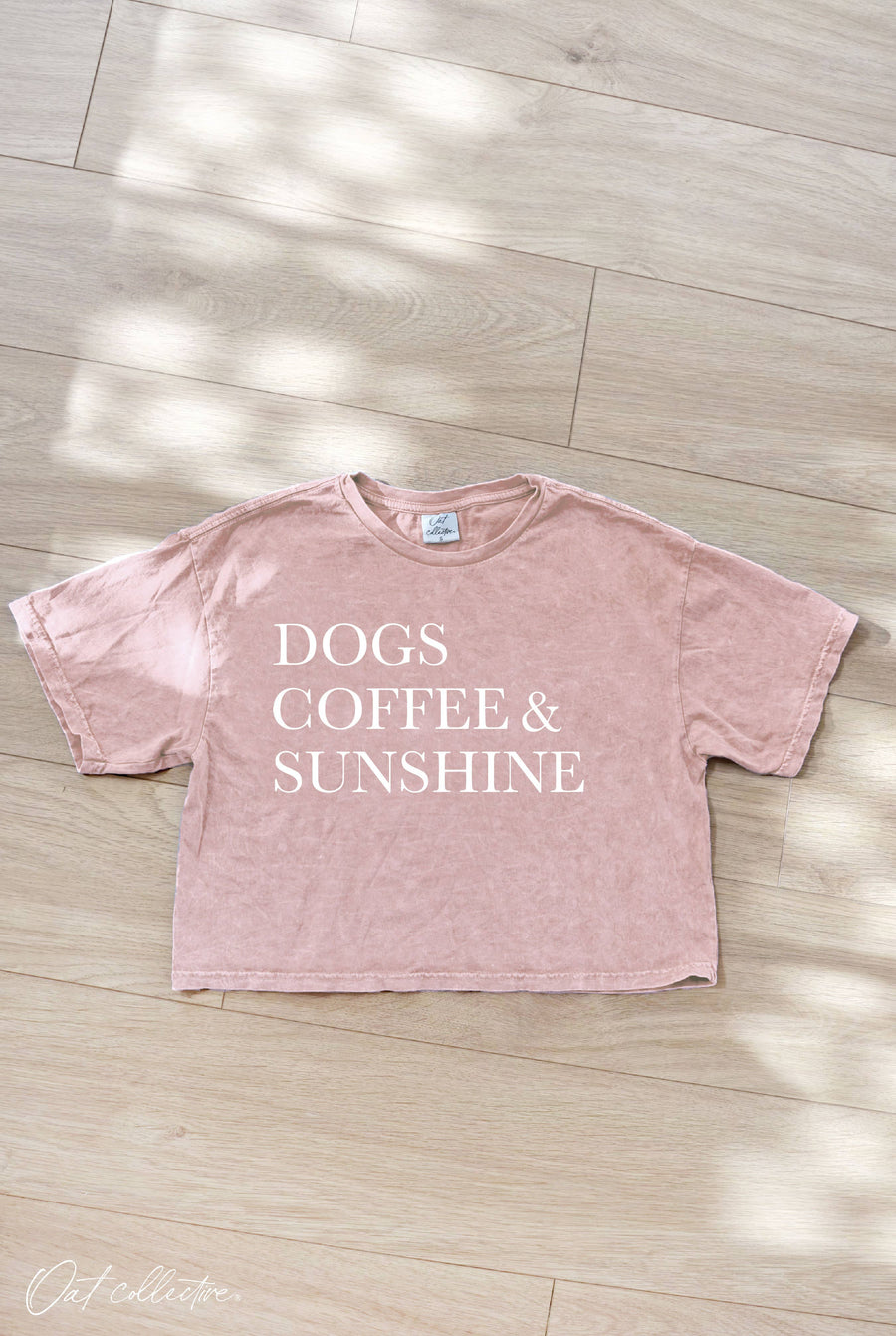 DOGS COFFEE AND SUNSHINE Cropped Mineral Washed Graphic Top