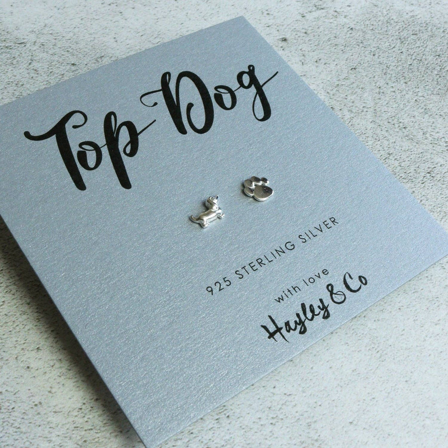 Sausage Dog and Paw Print Rose Gold or Silver Earrings