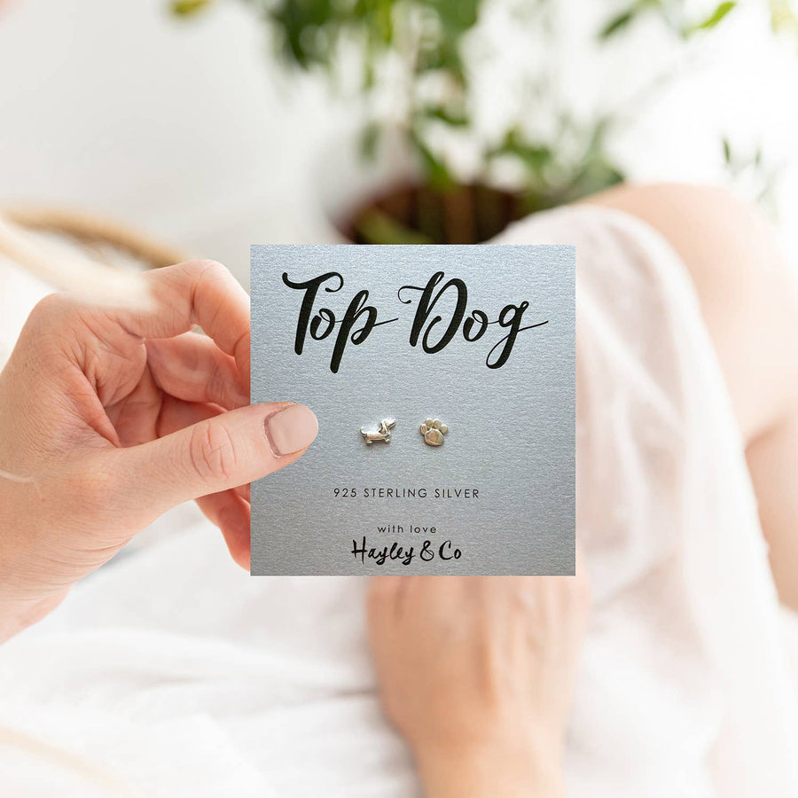 Sausage Dog and Paw Print Rose Gold or Silver Earrings