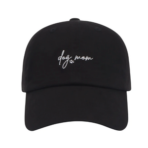 Dog Mom Script Embroidered Baseball Hat/Cap  - Black/White