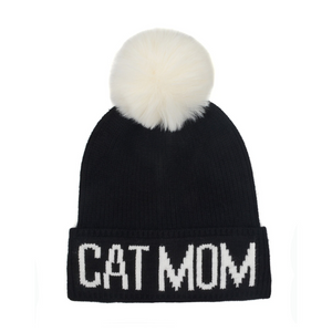 Cat Mom Beanie Hat - Black/White
