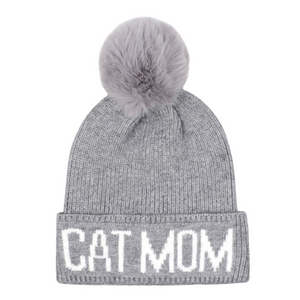 Cat Mom Beanie Hat - Gray/White