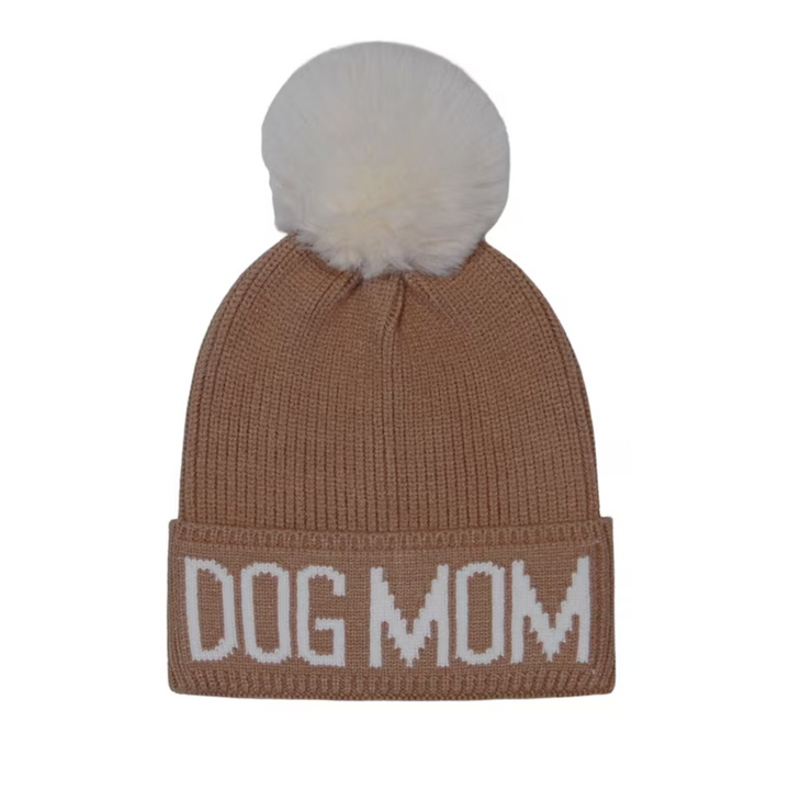 Dog Mom Beanie Hat - Tan/White