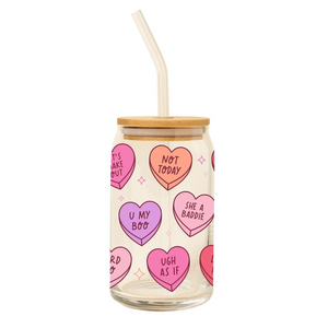 Can Glass W/Lid + Straw - Candy Hearts