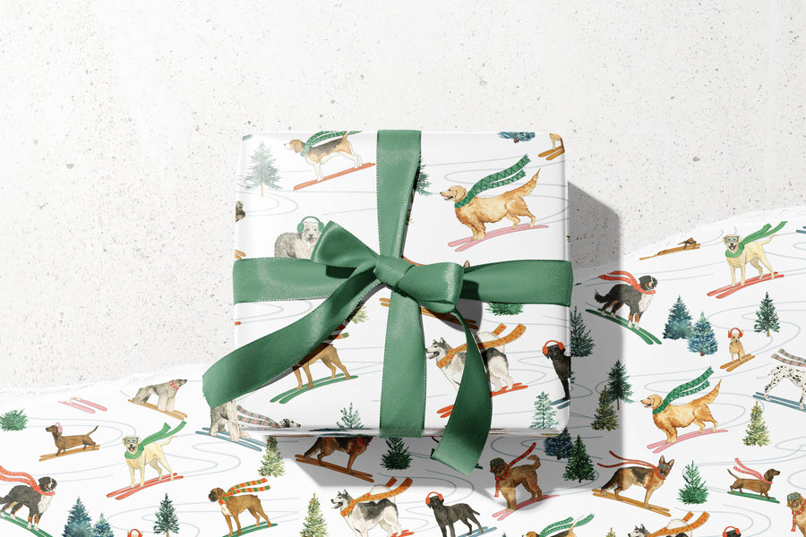 Skiing Christmas Dogs - Holiday Wrapping Paper 3 Sheet Roll