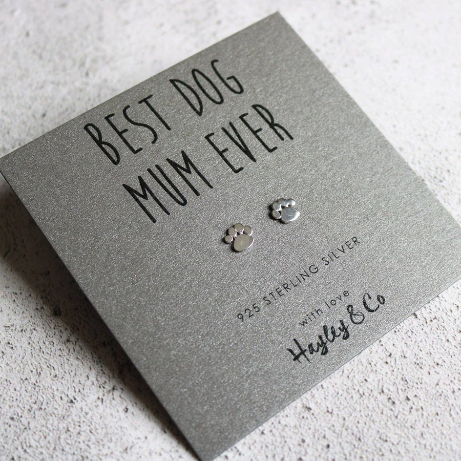 Sterling Silver Earrings Paw Print 'Best Dog Mum'