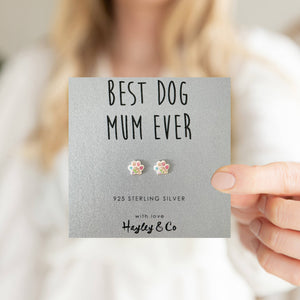 Sparkly 'Best Dog Mum' Paw Print Sterling Silver Stud Earrings