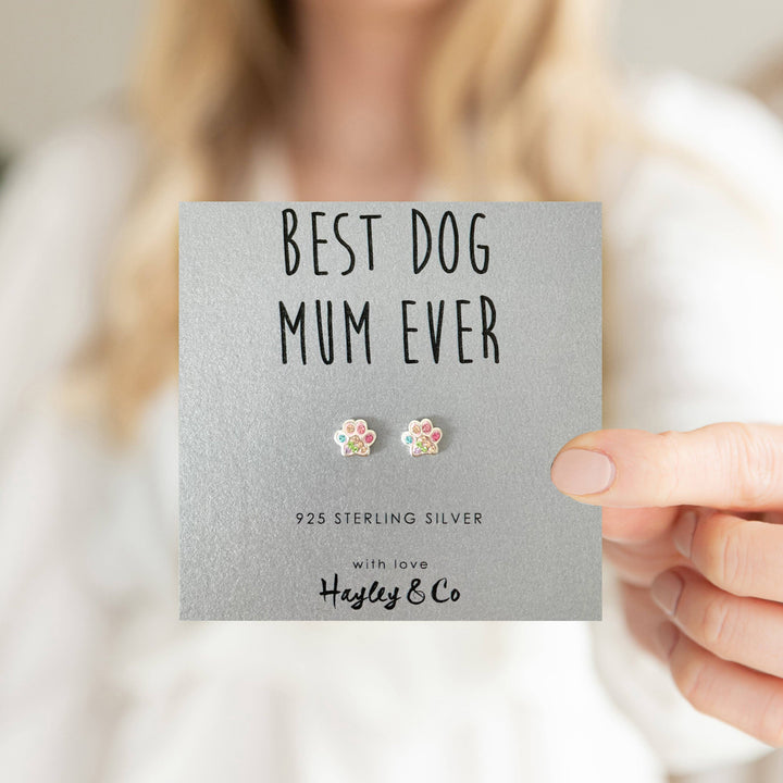 Sparkly 'Best Dog Mum' Paw Print Sterling Silver Stud Earrings