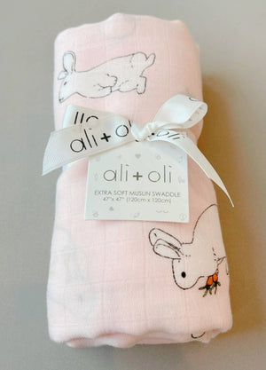 Ali+Oli Muslin Swaddle Blanket - Pink Bunny and Carrots