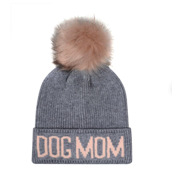 Dog Mom Beanie Hat - Gray/Pink